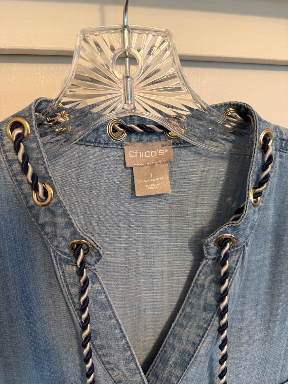 Chico's Light Blue Denim Tunic with Braided Drawstring & Double Breasted Pockets - Picture 2 of 5